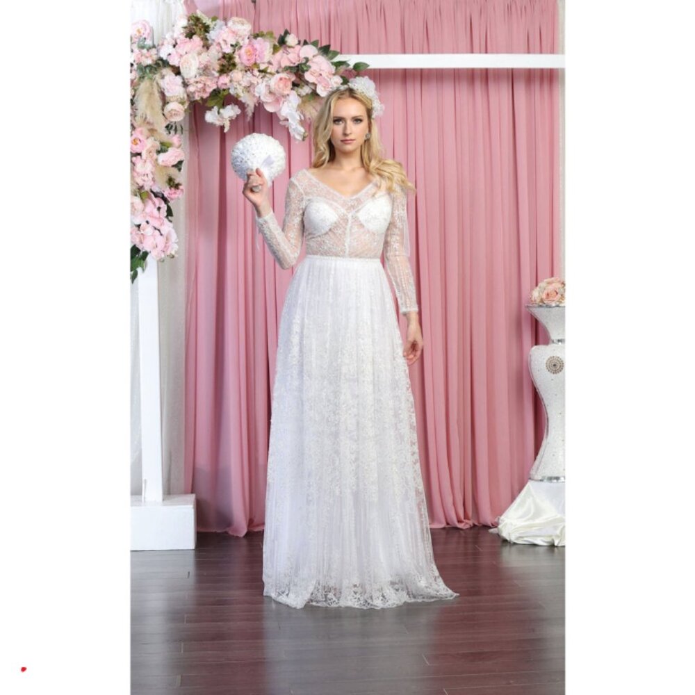 White Wedding Long V-Neck Long Sleeves A-Line Dress By Royal Queen RQ7920
